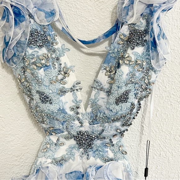 NWT Mac Duggal Floral Lace Up Tie Back Ruffle Shoulder Embellished Gown - Picture 4 of 15